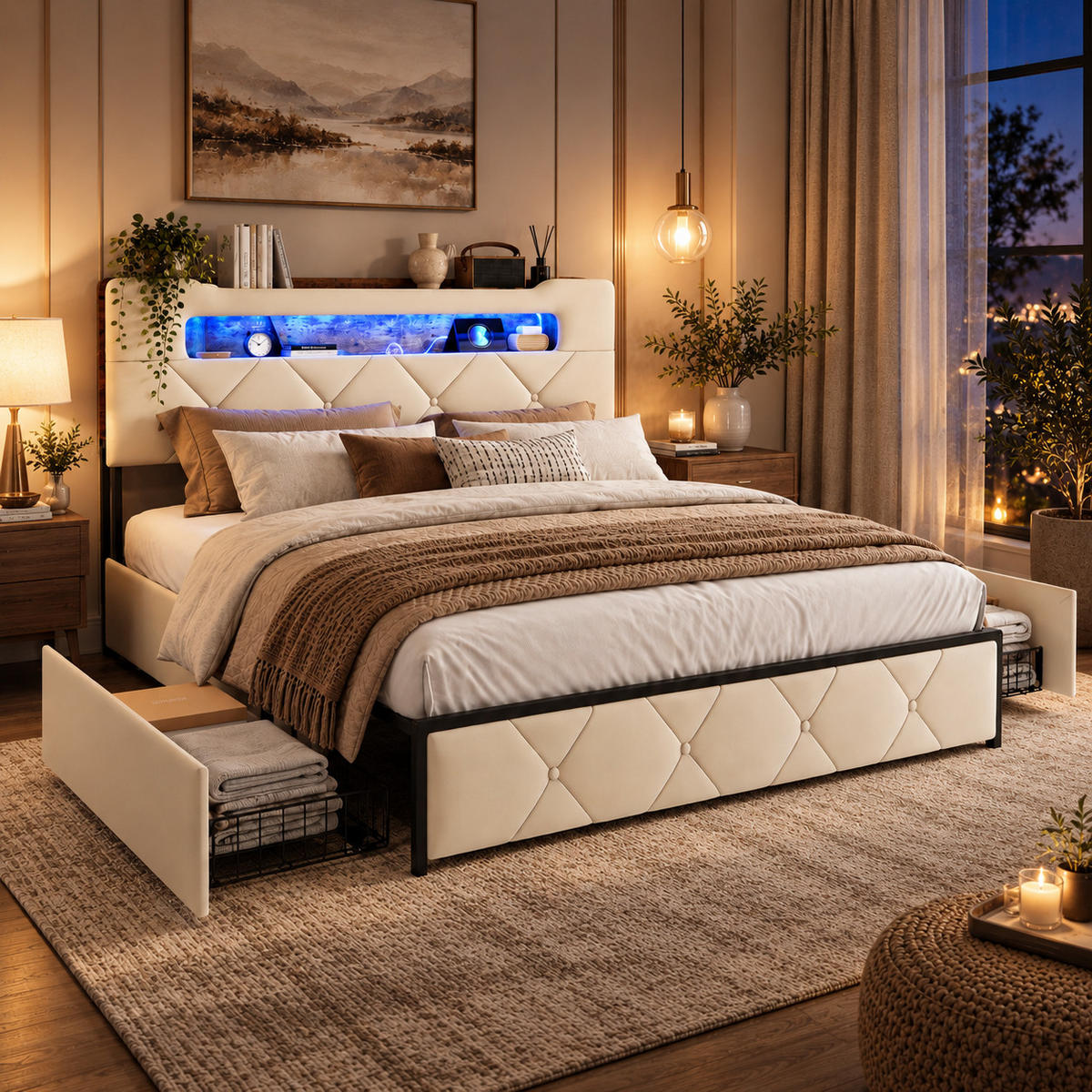 POLSTERBETT 160/200 cm Beige mit LED, USB & 4 Schubladen - Beige, Holz/Metall (160/200cm) - Joyfair