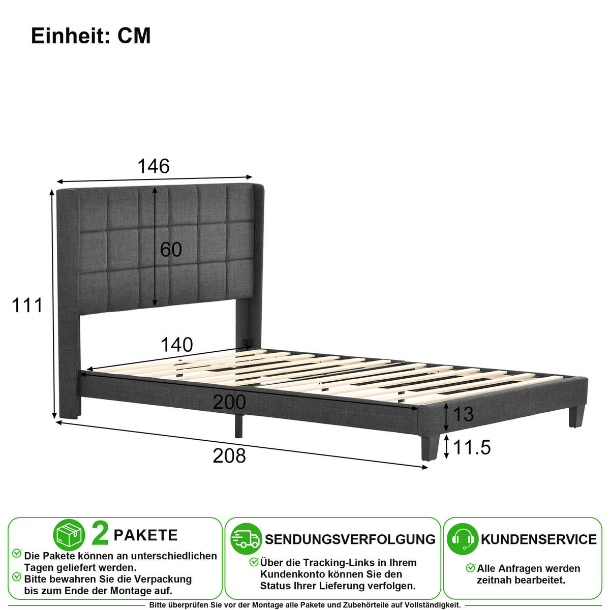 POLSTERBETT 140/200 cm in Grau Leinen mit Matratze und Lattenrost - Grau, Holzwerkstoff/Textil (140/200cm) - CHICFURN