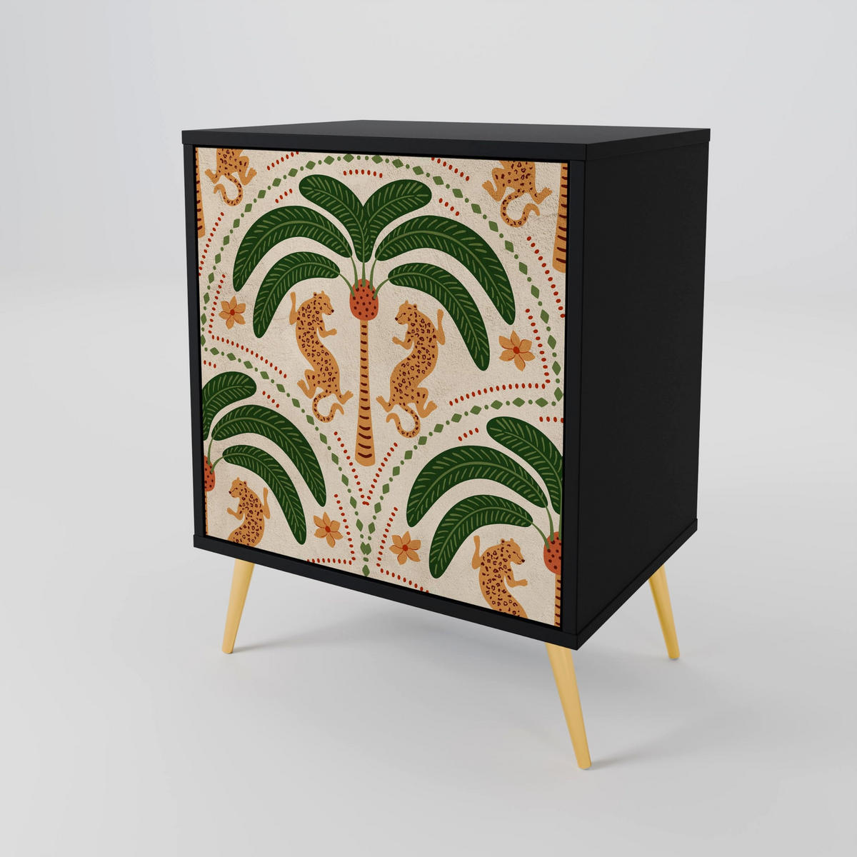 SIDEBOARD DANCING PREDATORS, Schwarz, 57,5x42x67,5 cm, Schwarze Metall-Rahmenfüße - Multicolor/Schwarz, Holzwerkstoff/Metall (57.5/67.5/42cm) - SpaceRebels