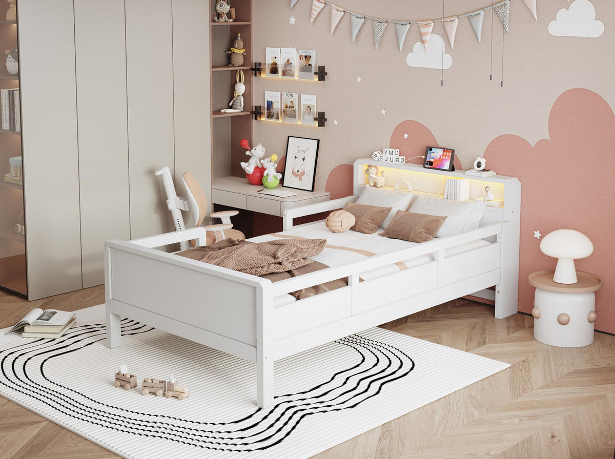 KINDERBETT 90/200 cm Weiß aus Kiefernholz mit LED-Leuchte und Ablagefach - Weiß, Holz (90/200cm) - OKMYHOME