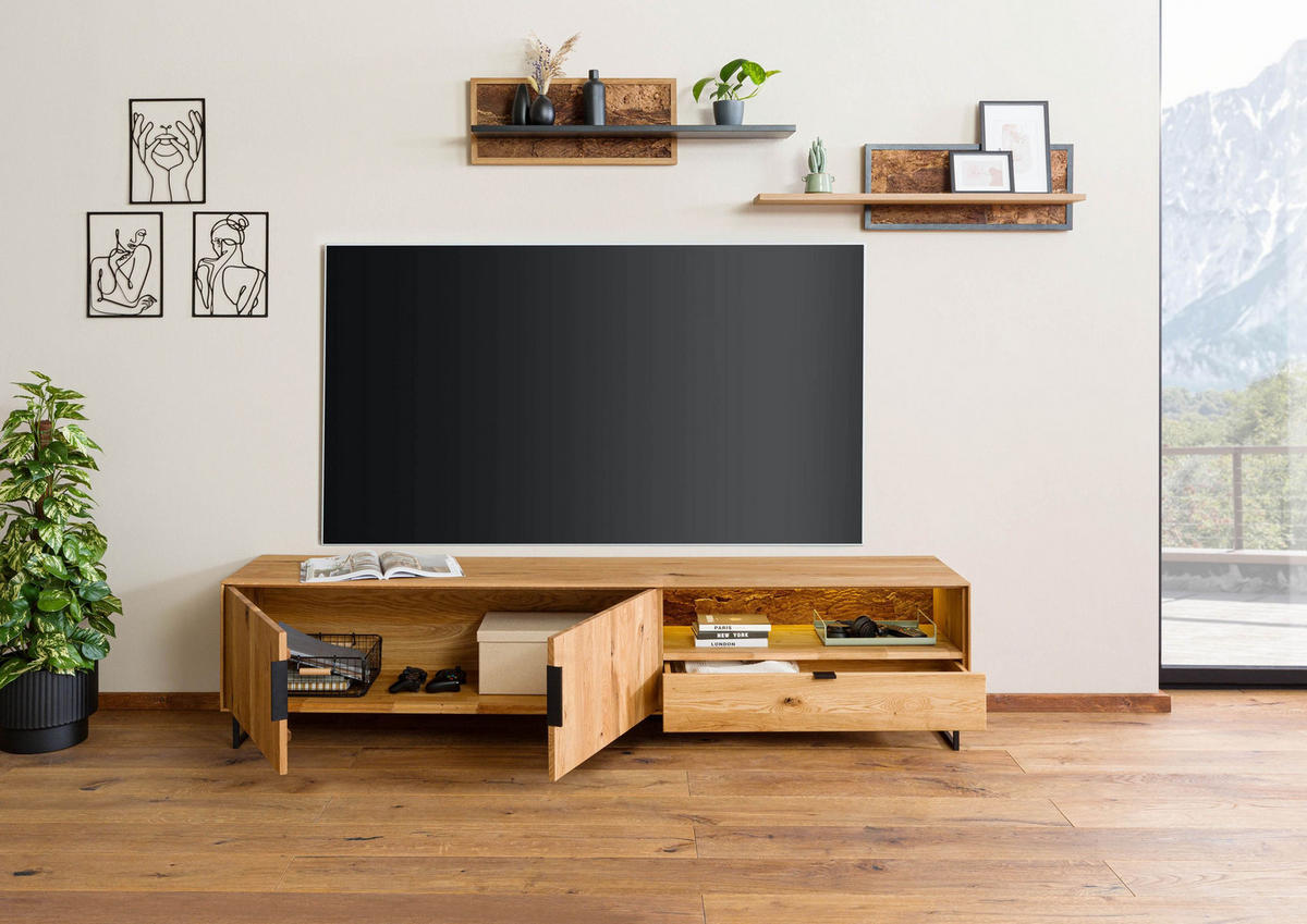 LOWBOARD Wildeiche mit Holztür 220x43x51 natur geölt LINDAU #26 - Naturfarben, Holz (220/51/43cm) - Massivmoebel24