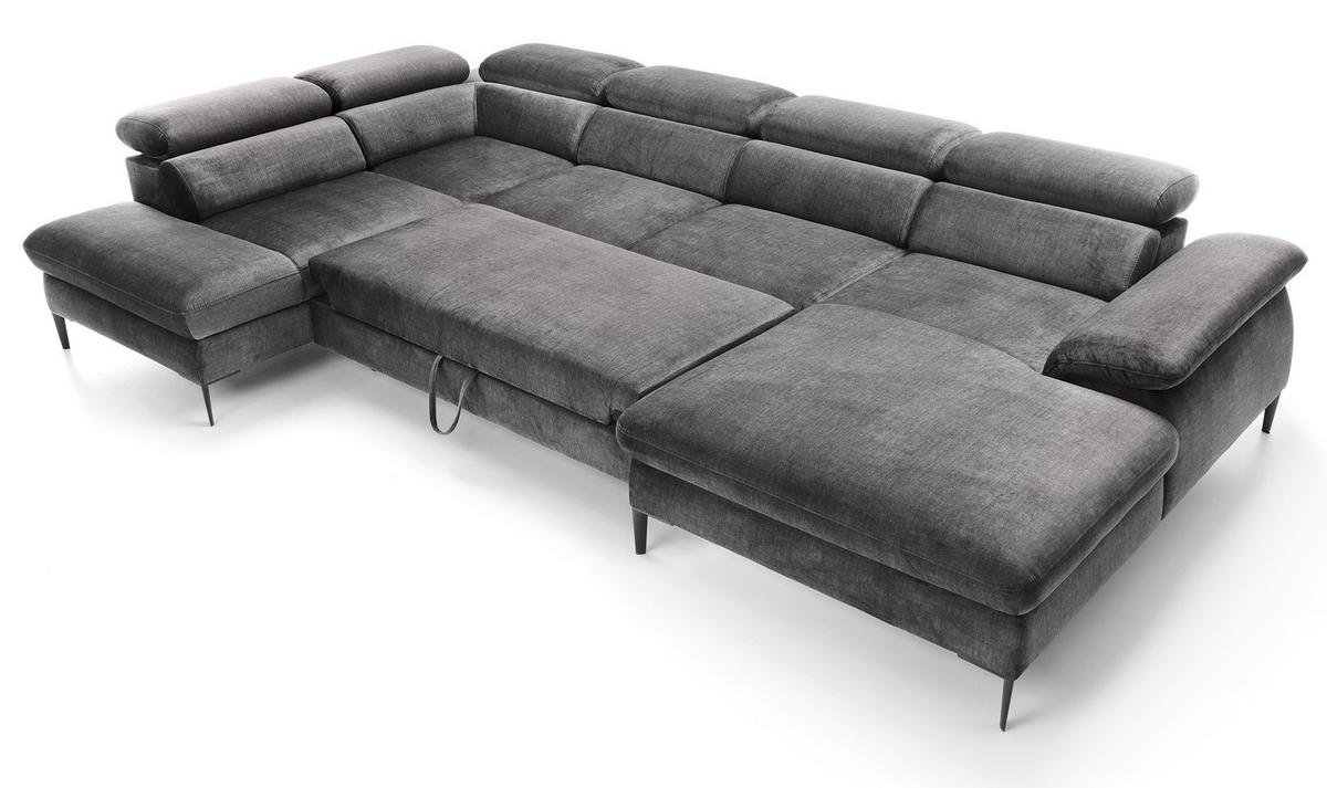 ECKSOFA U-Form 350 cm Amaro M mit Schlaffunktion, Rechts, Grau - Grau, Holz (353/214cm) - Emporius