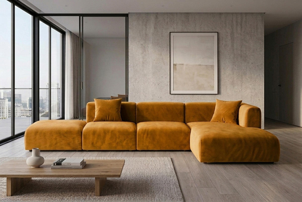 ECKSOFA L-Form Mit Hocker, Velvet-Stoff Bluvel, Golden, Rechts, GRETA - Goldfarben, Holz (386/179cm) - Kaiser Möbel