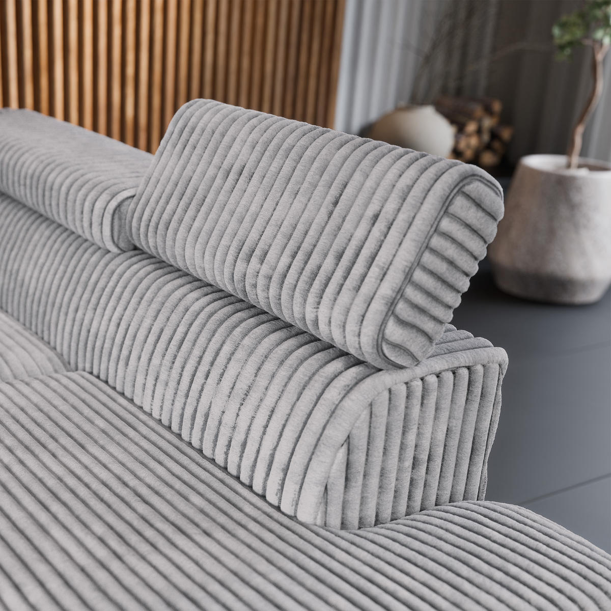 ECKSOFA VELISS Hellgrau Kordstoff mit Schlaffunktion - Hellgrau, Holz (255/193cm) - MASSENO