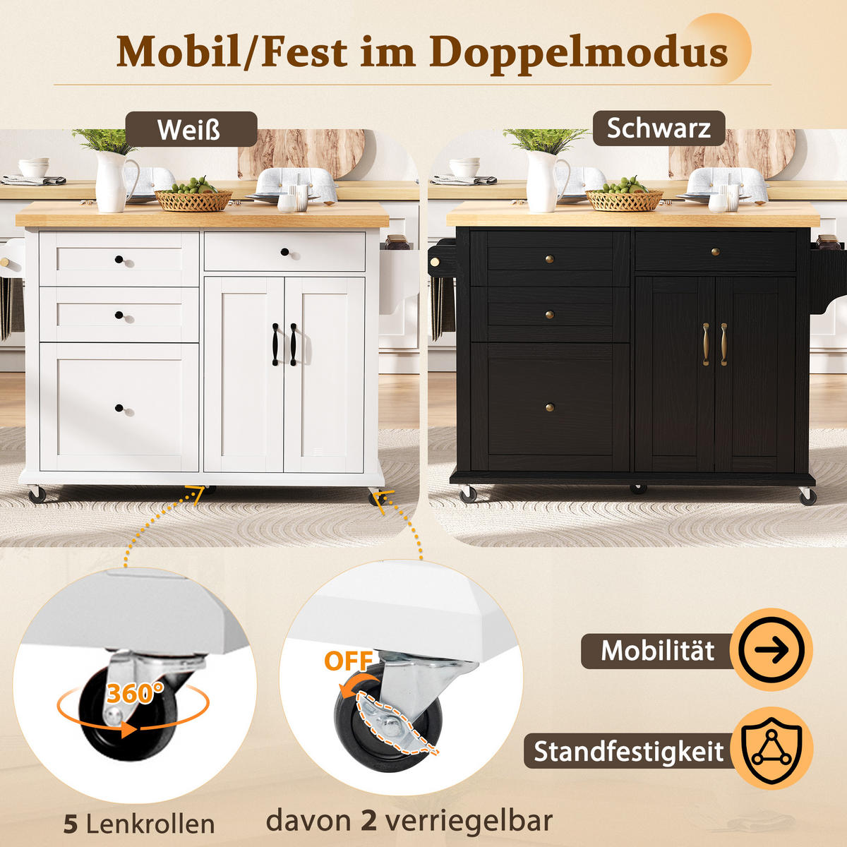 KÜCHENINSEL Servierwagen 107×45–70×90,5 cm aus MDF mit ausklappbarer Arbeitsplatte & 9-Fach-Schublade, weiß-natur - Weiß, Holzwerkstoff (70/90.5/107cm) - Luhomfu