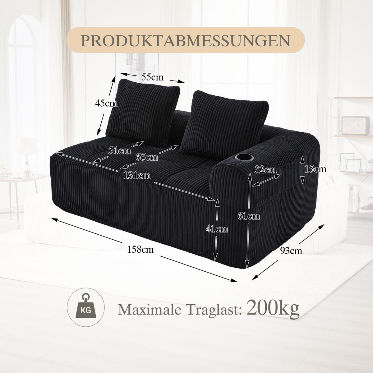 2-SITZER Sofa Schwarz, Relaxsessel Cordbezug mit Getränkehalter und Stauraum - Schwarz, Textil (158/61/93cm) - PARAFTA HOME