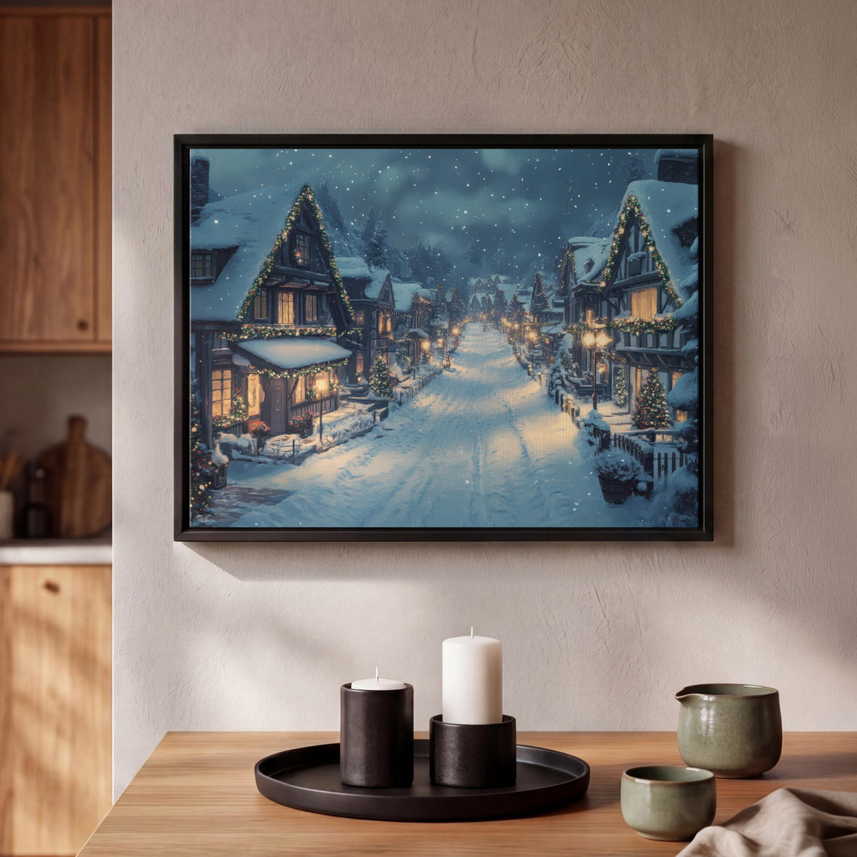 LEINWAND Bilder mit Rahmen - Weihnachtsdorf - Weihnachten - Schnee - Winter - 40x30 - Dunkelblau, Textil (40/30cm) - MuchoWow