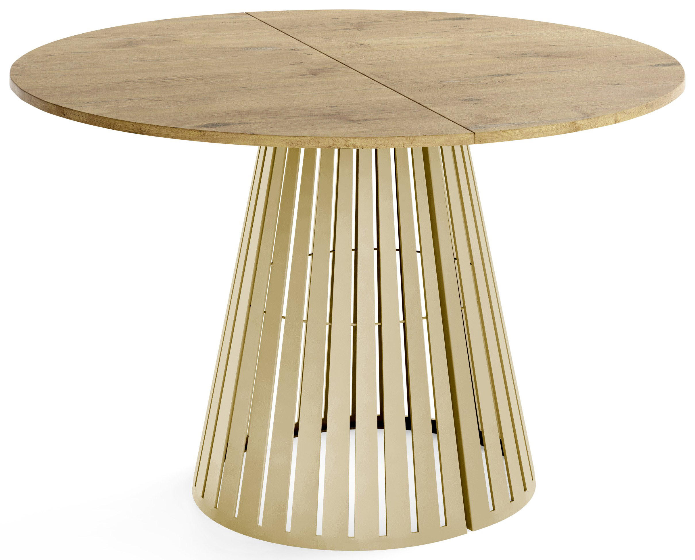 ESSTISCH Naro rund ausziehbar mit Goldenem Lamellen-Metallgestell, Braun 100-180/100/76 cm - Eichefarben/Goldfarben, Holzwerkstoff/Metall (100/176/76cm) - WFL GROUP