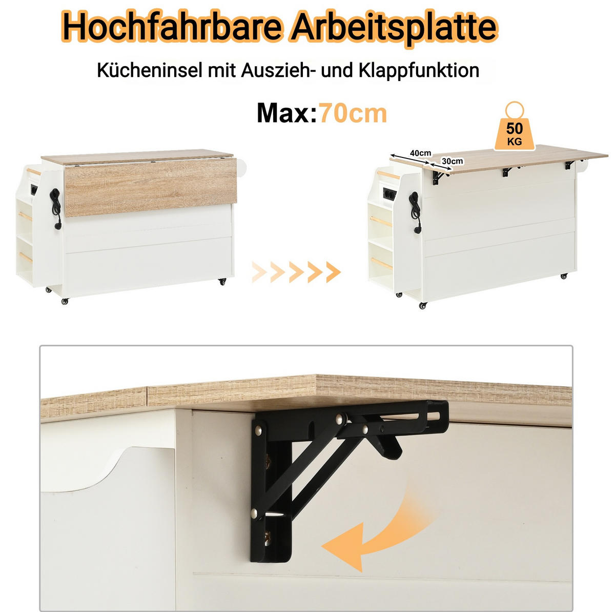 KÜCHENINSEL 120/40(70)/90 cm in Weiß mit Rollen, Auszugsplatte und Steckdosen - Weiß, Holzwerkstoff (120/90/70cm) - Flora Grace