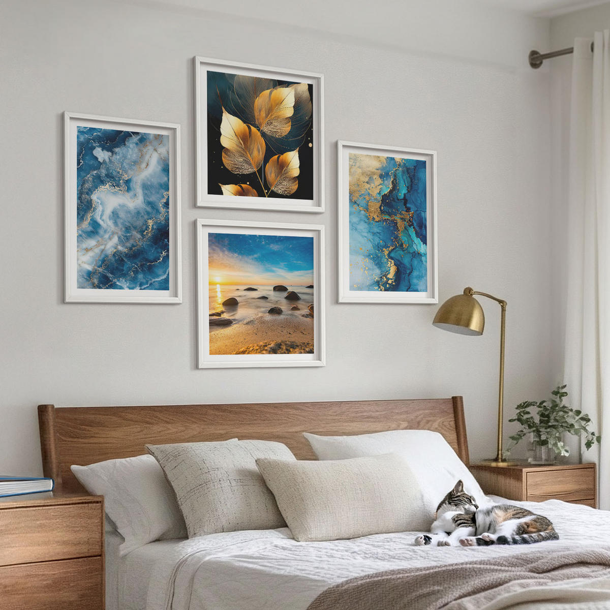 WANDBILDER 4er-Set - 50x50 cm & 40x60 cm Weißer Rahmen - Bilder mit blau-goldenen Mustern - Weiß, Kunststoff (50/50cm) - ArtPrintCave