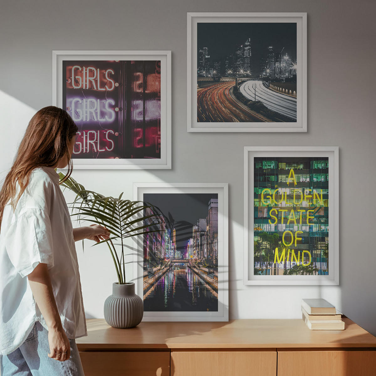 WANDBILDER 4er-Set - 50x50 cm & 40x60 cm Weißer Rahmen - Neonreklamen in der Stadt bei Nacht - Weiß, Kunststoff (50/50cm) - ArtPrintCave
