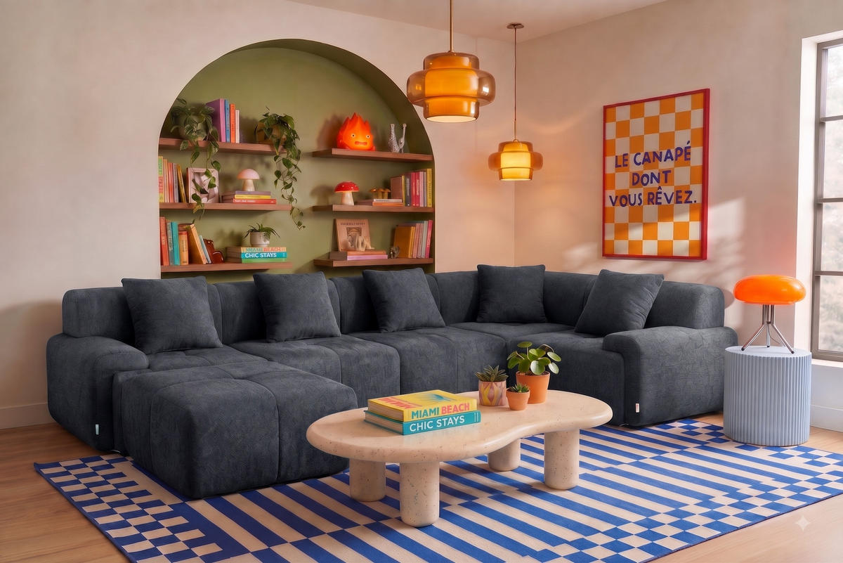 VEĽKÁ modulárna sedacia súprava chenille modrosivá - modrosivá, textil (345/73/190cm) - MILYsofa