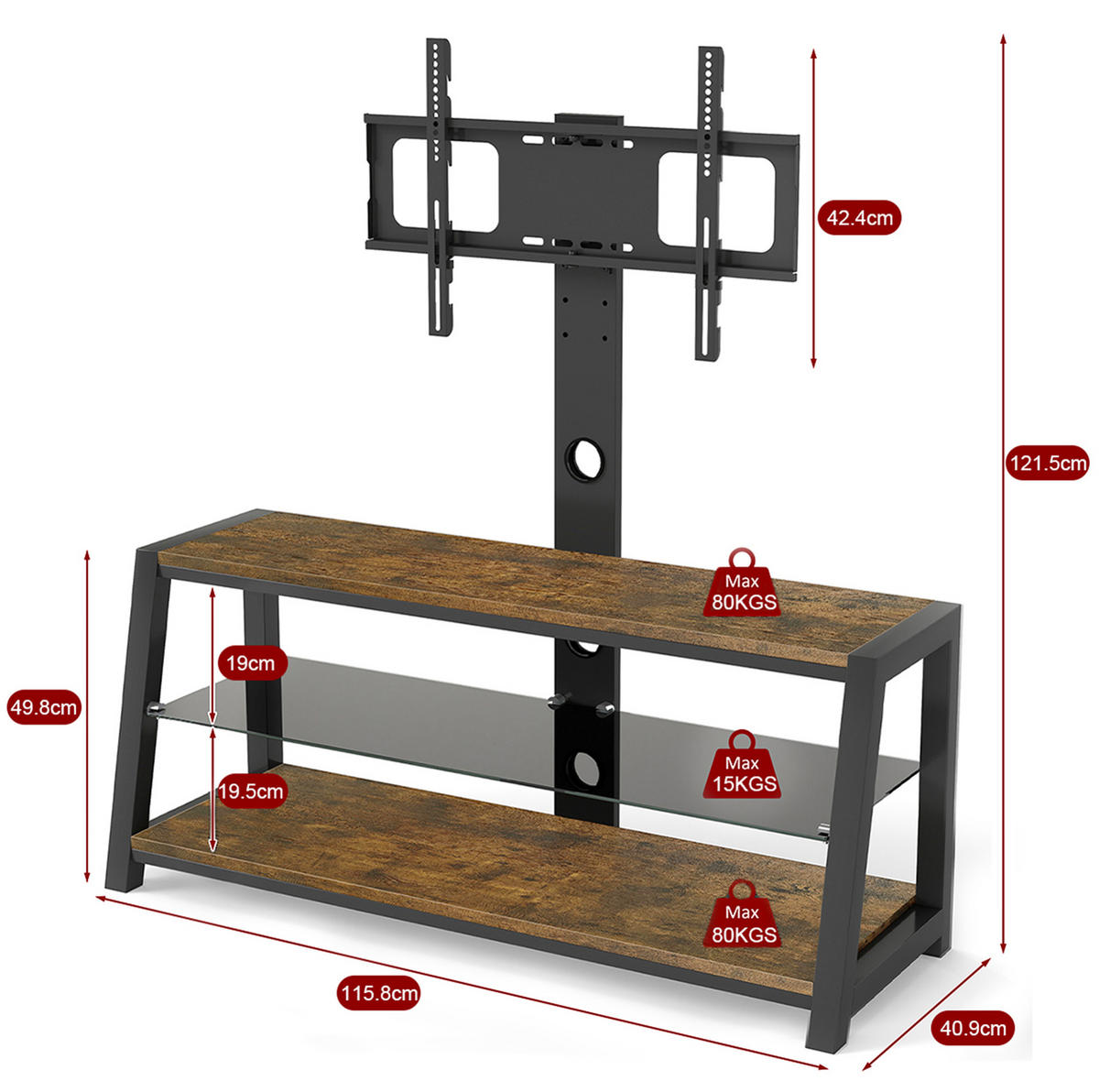TV-STÄNDER mit 3 Ablagen für TVs 81,3-165,1 cm MDF Metall Braun - Braun, Metall (42/125/116cm) - Beauniv