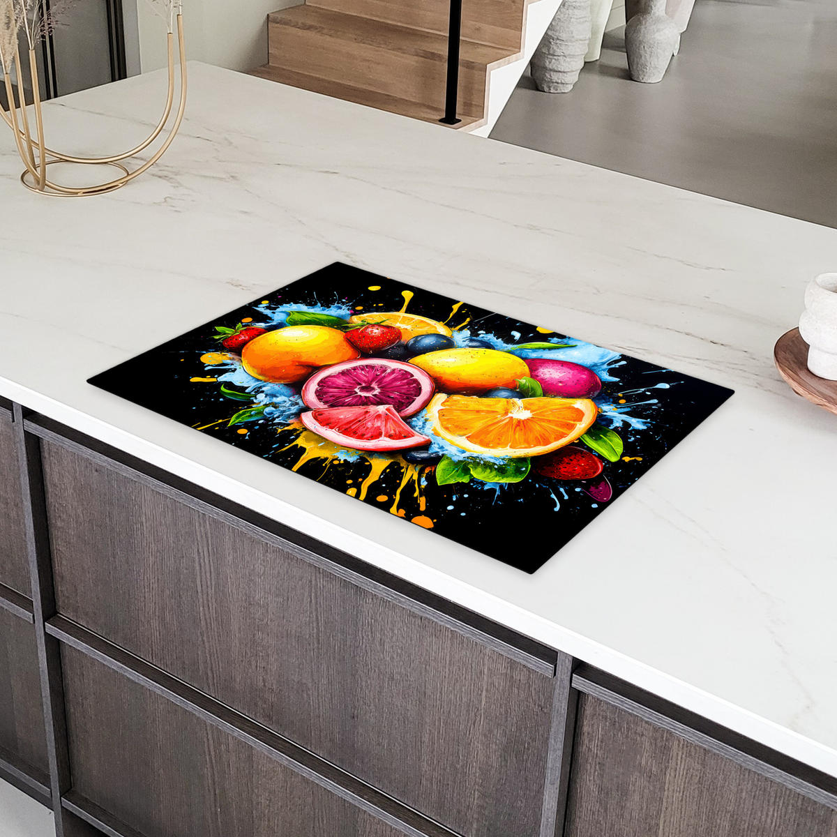HERDABDECKPLATTE Obst - Graffiti - Bunt - Orange - Erdbeere - Abstrakt 80x52 cm - Orange, Kunststoff (80.2/0.2/52.2cm) - MuchoWow