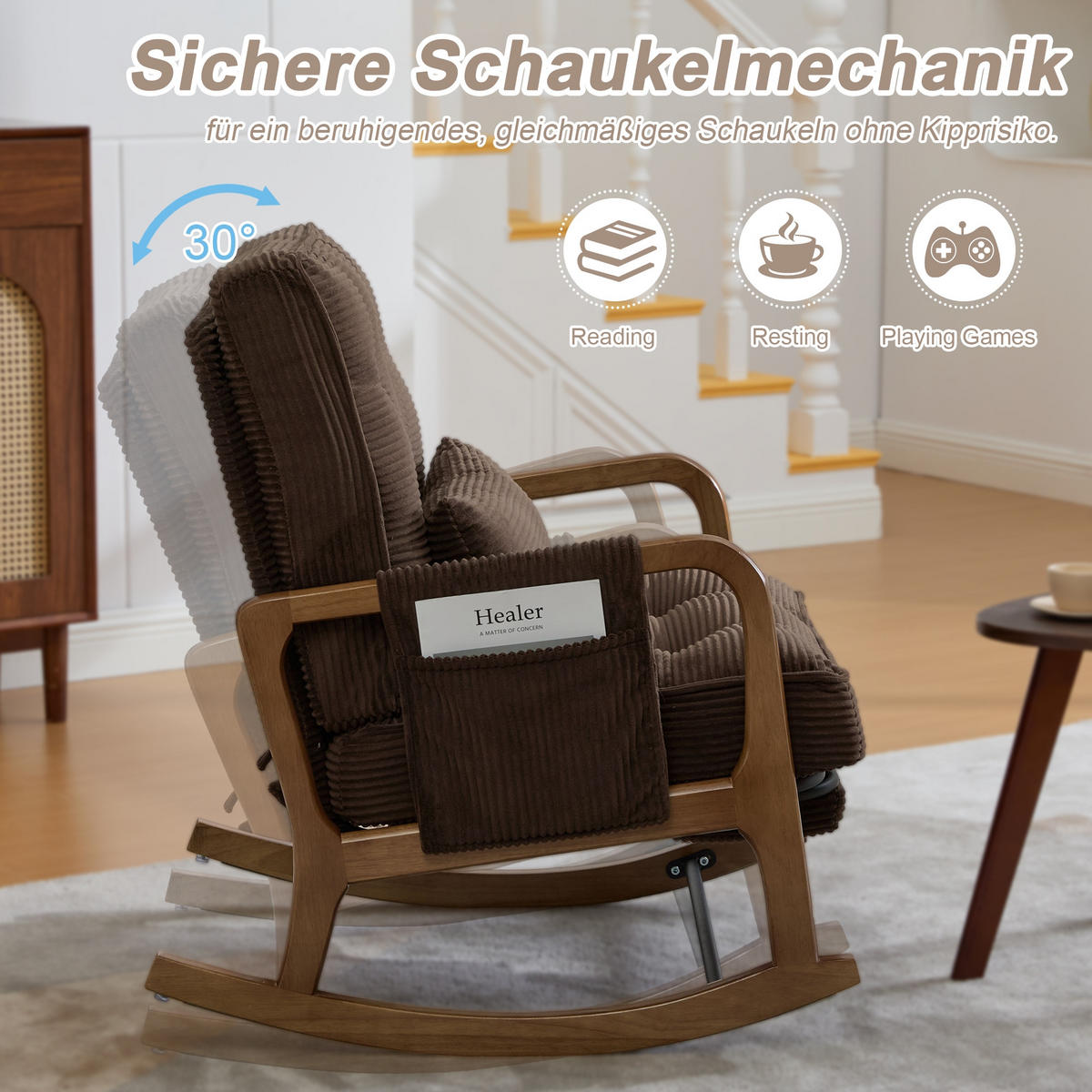 SCHAUKELSTUHL Kaffee Cord mit Fußstütze, Seitentaschen und verstellbarer Lehne - Mokka, Textil (80/92/70cm) - Oxeza