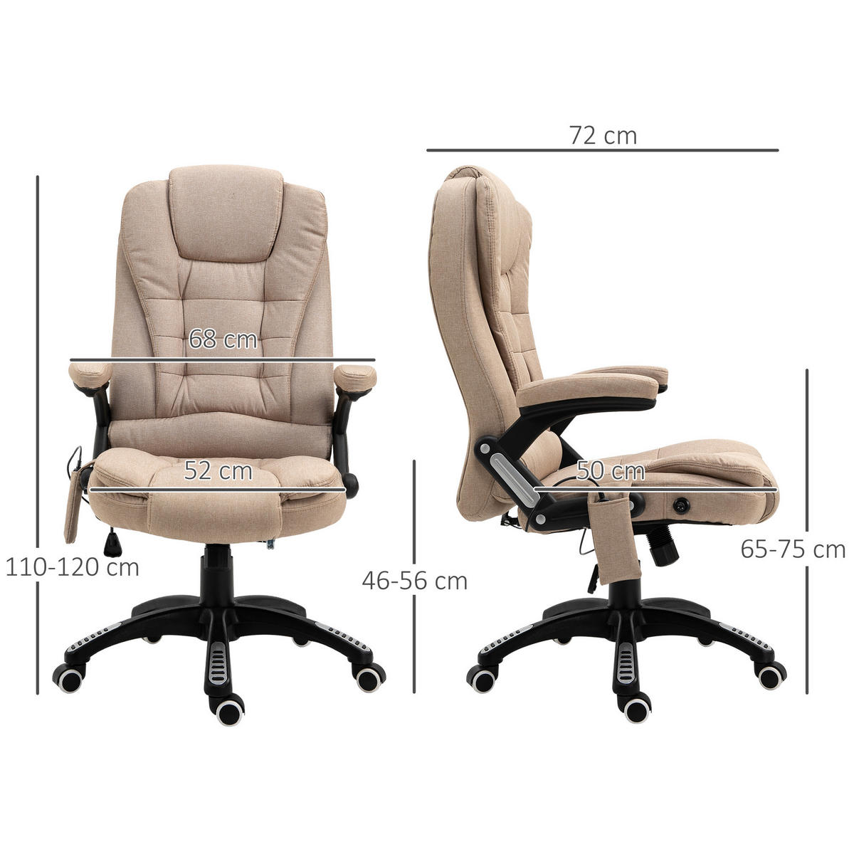 BÜROSTUHL mit Vibrationsmassage, Ergonomisch Schreibtischstuhl Höhenverstellbar - Schwarz/Braun, Kunststoff/Textil (74/116/67cm) - Vinsetto