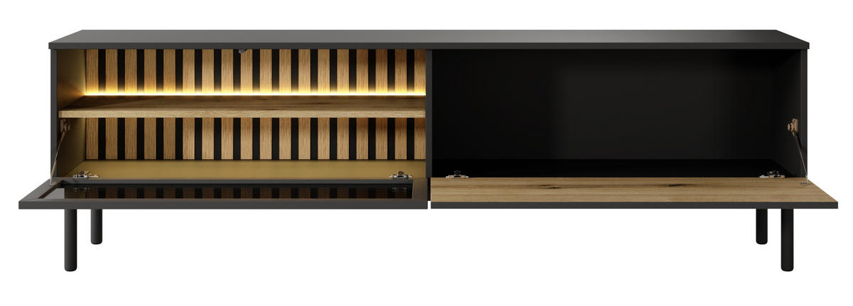 TV-BOARD mit Glas 180 cm Jotare, LED, Schwarz, Eiche Evoke - Schwarz, Holz (180/55/39cm) - Emporius
