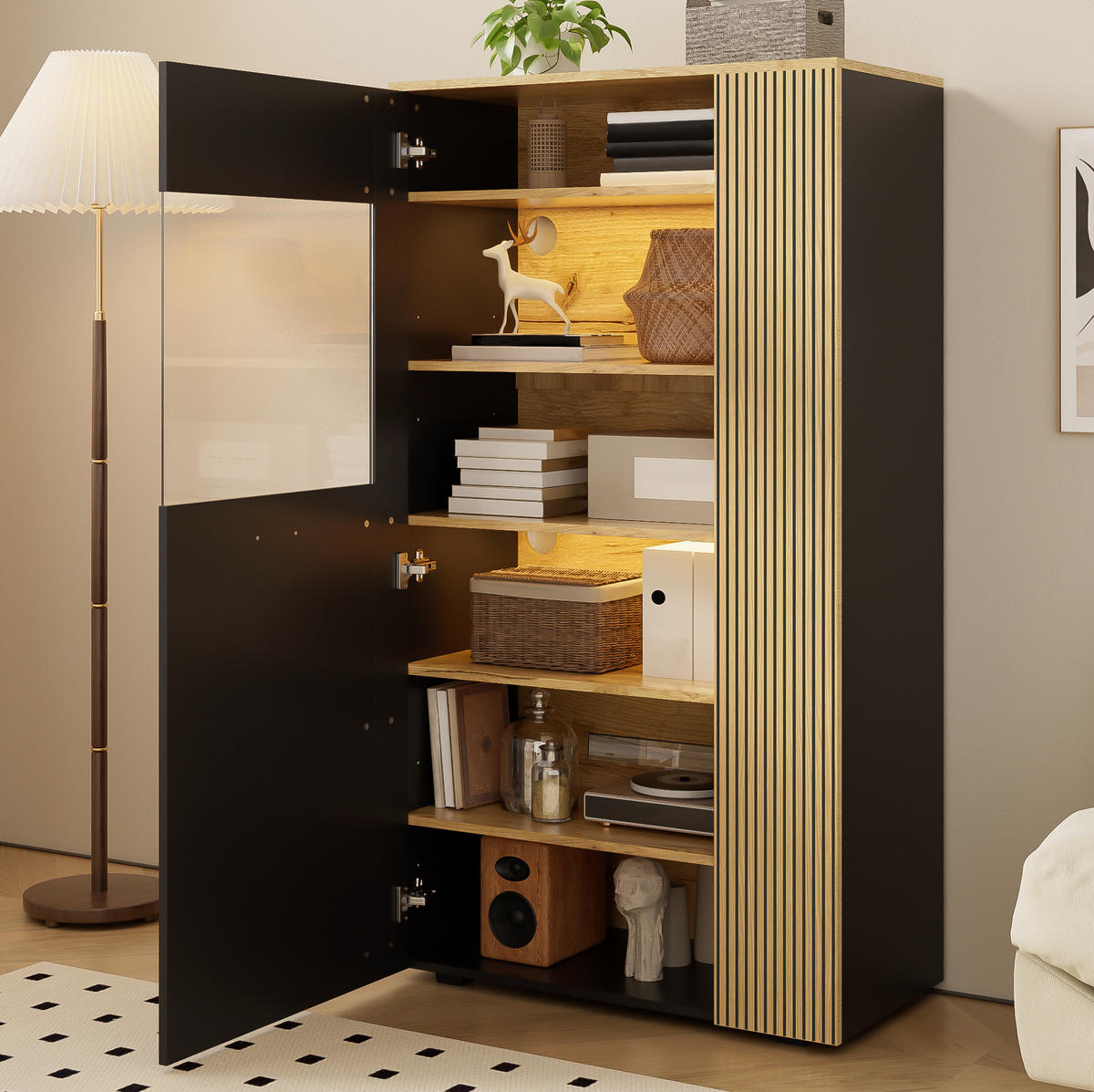 VITRINE 80/40/146 cm mit LED-Beleuchtung und Glastür in Schwarz - Schwarz, Holzwerkstoff (80/146/40cm) - BEAOK