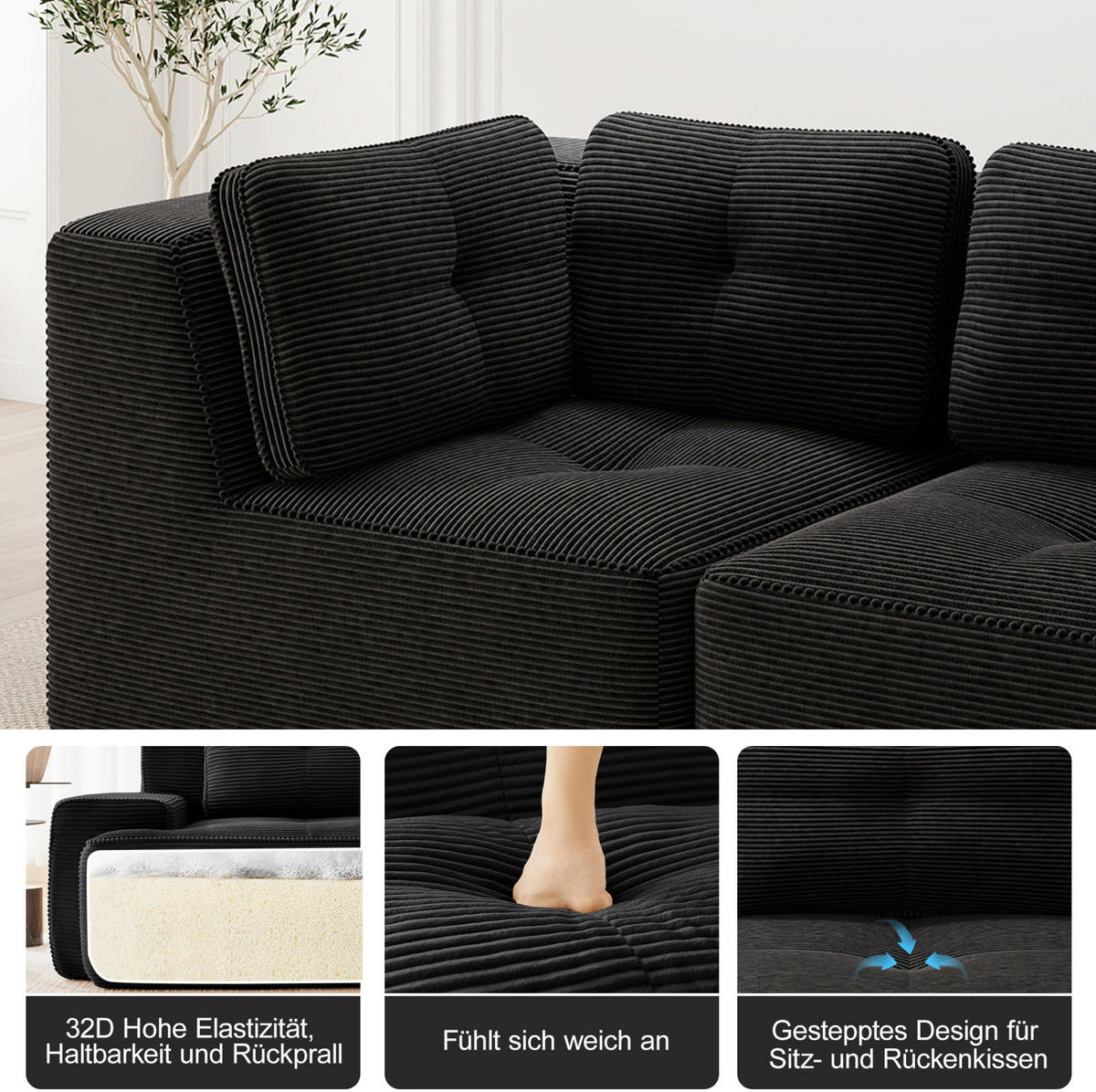 ECKSOFA aus Cord mit modularem Design Schwarz - Schwarz, Textil (104/382cm) - Modenvie