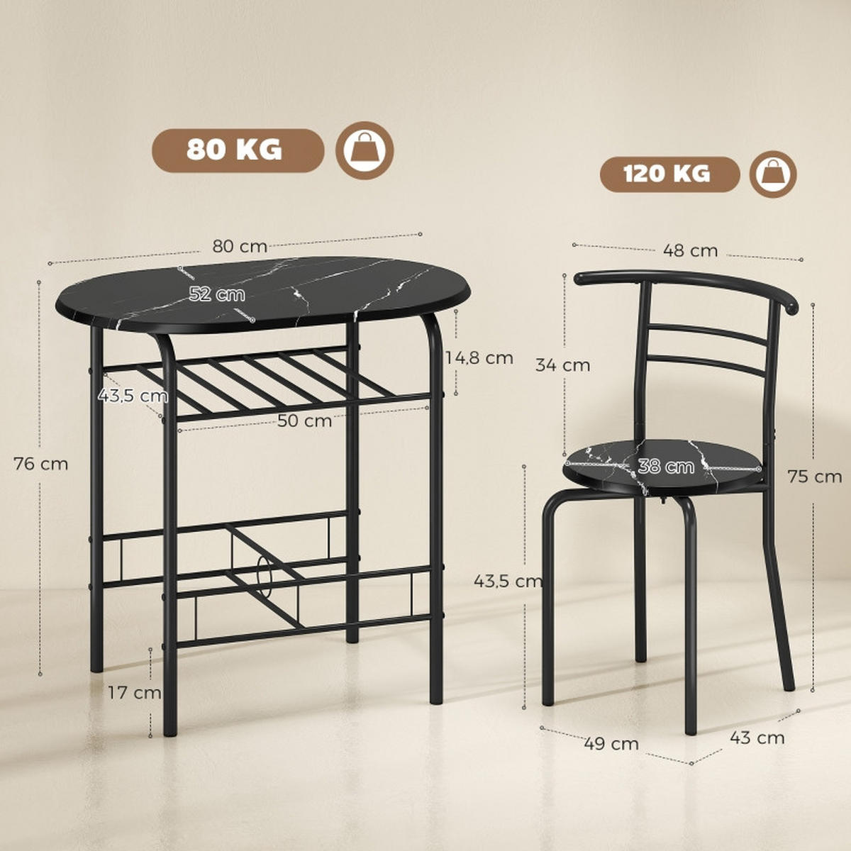 ESSGRUPPE DE-39304 80/52 cm Tisch mit 2 Stühlen Schwarz/Marmor - Schwarz, Holzwerkstoff (80/76/52cm) - ComfortXL