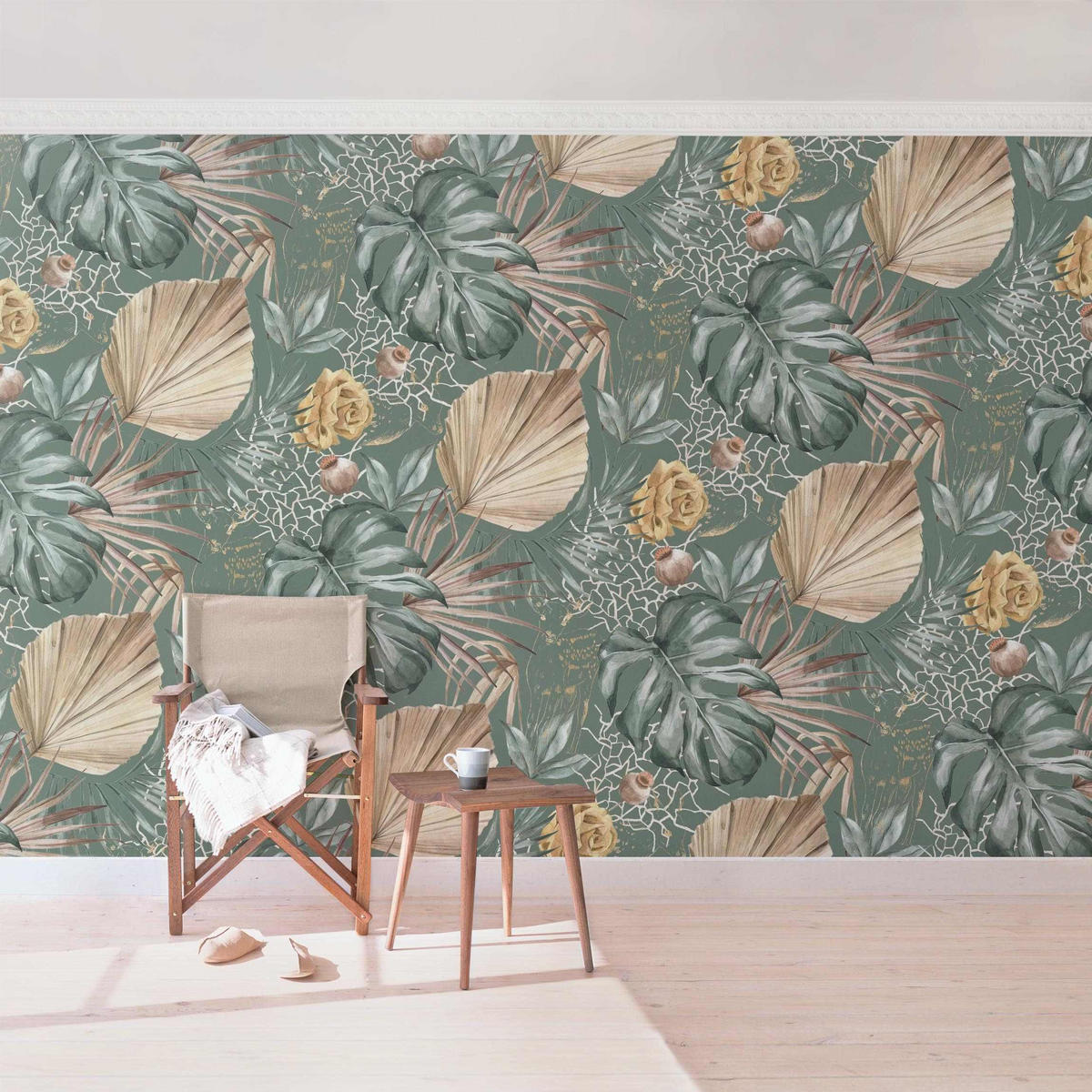 FOTOTAPETE Große Blätter mit Rosen vor Grün 432/290 cm - Grün, Papier (432/290cm) - Bilderwelten