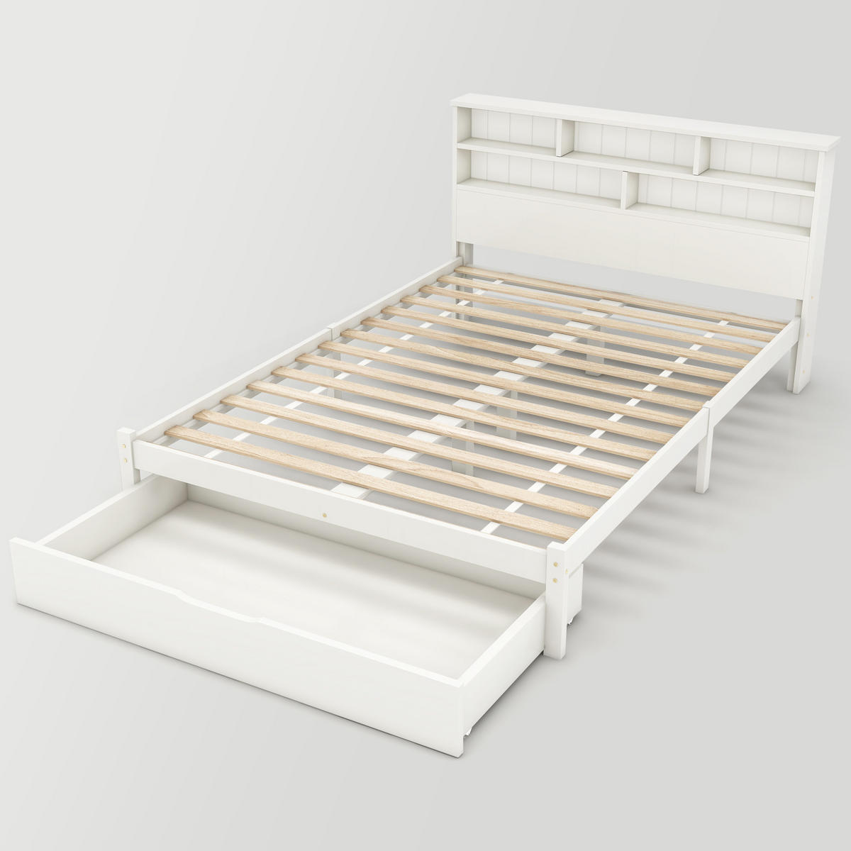 DOPPELBETT 140/200 cm Weiß mit Schubladen und Bücherregal-Design - Weiß, Holz (140/200cm) - OKWISH