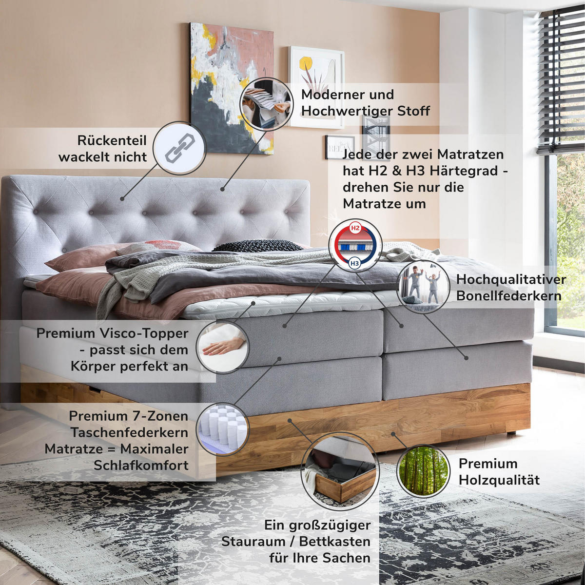 BOXSPRINGBETT MARBO 180x200 Hellgrau H2 und H3 mit Bettkasten 7-Zonen Taschenfederkern Matratze inkl. Visco Topper und Eiche - Hellgrau, Textil (180/200cm) - Belanoti
