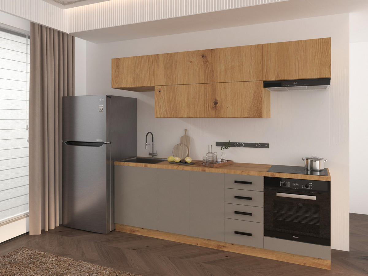 KÜCHENZEILE 240 - Langen KL2-M240 in Beige/Artisan Eiche - Beige/Schwarz, Holz/Metall (240/212/58cm)