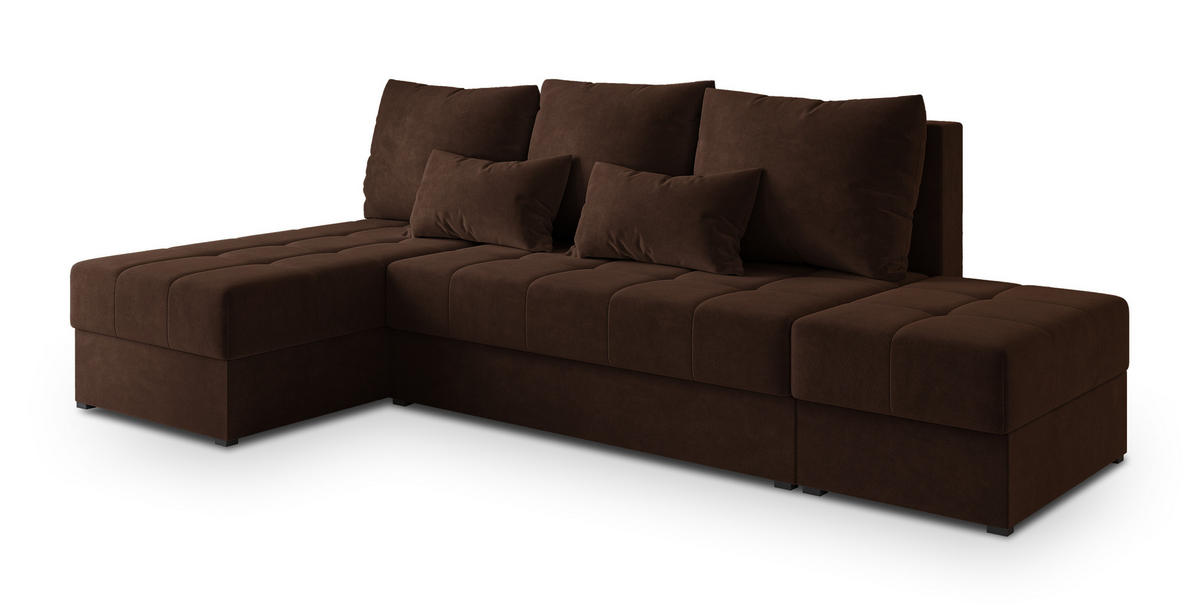 ECKSOFA NORVI Braun Plüsch-Stoff mit Schlaffunktion - Braun, Holz (251/143cm) - MASSENO