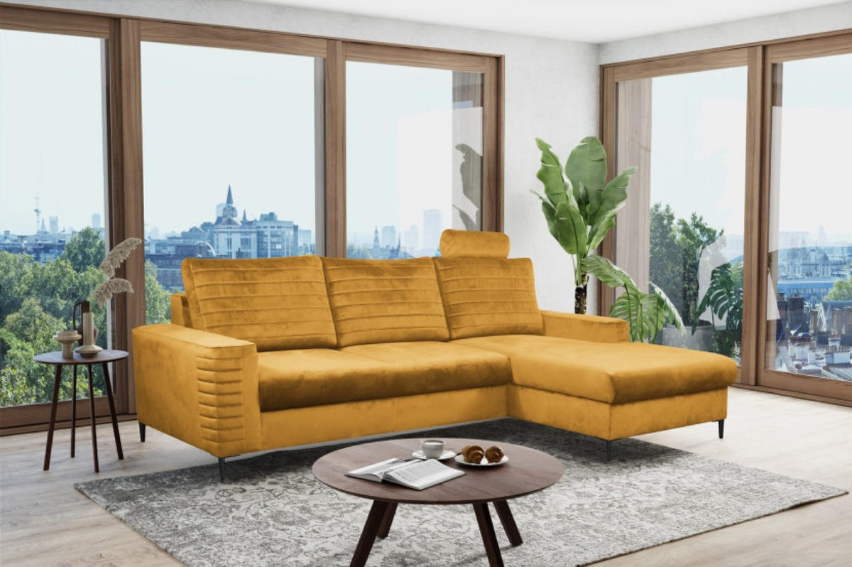 ECKSOFA Muskat Gelb OLI Ausziehbar Mit Kopfstütze Und Bettkasten Rechts - Goldfarben/Orange, Textil (165/253cm) - Sepro Meble