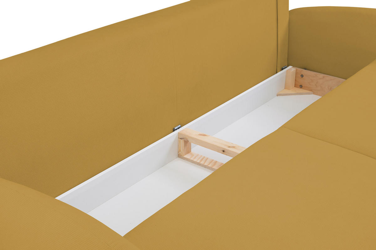 SOFA SOFT RunAgin Mit Schlaffunktion Und Bettkasten, PUR-Schaum, Schwarze Kunststofffüße, lose Rückenkissen, freistehend, 232x109x95 cm Gold-coloured - Goldfarben, Holz/Textil (232/95/109cm) - DomoHome
