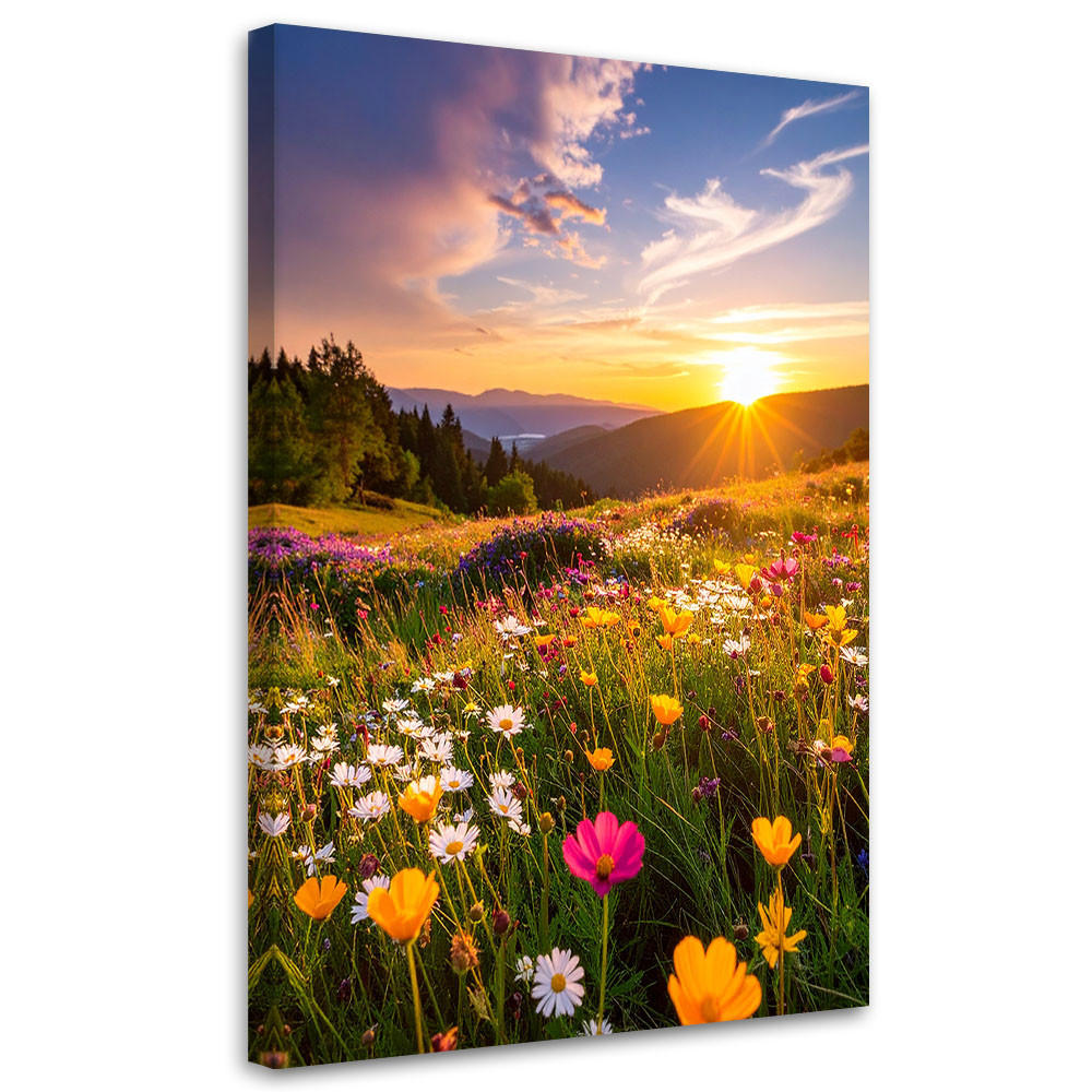 LEINWANDBILD Wiese Blumen Berglandschaft Natur 80x120cm - Multicolor, Textil (80/120cm) - Feeby