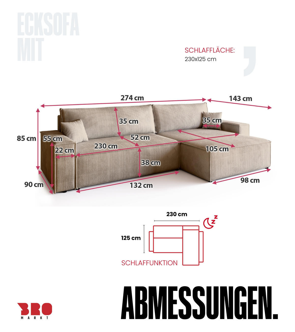 ECKSOFA ADI XL mit Schlaffunktion Beige Cord - Beige, Textil (272/143cm) - Bromarkt