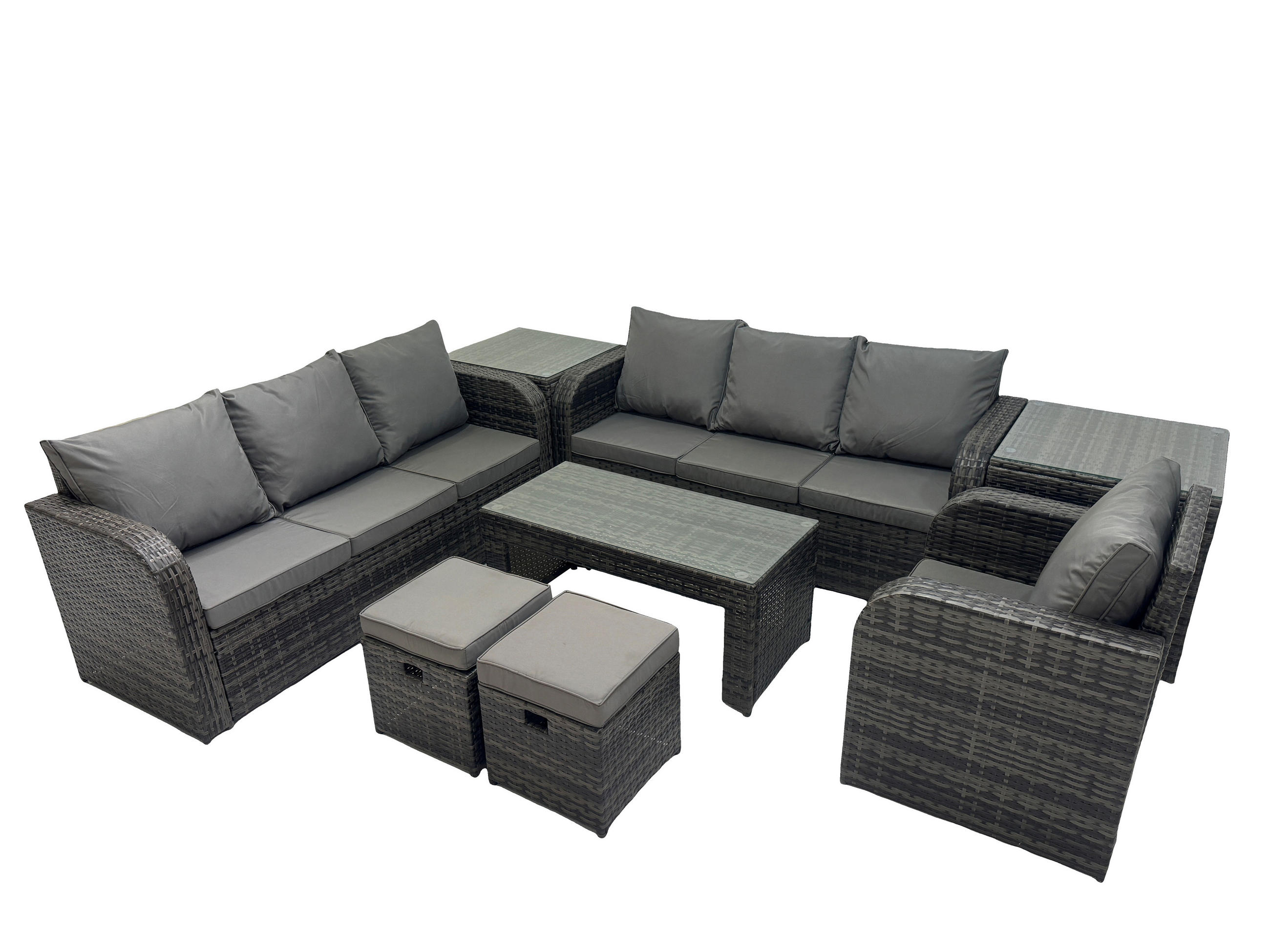 GARTENSOFA SET mit rechteckigem COUCHTISCH Polyrattan 9-Sitzer Dunkelgrau - Dunkelgrau/Grau, Glas/Kunststoff - Fimous