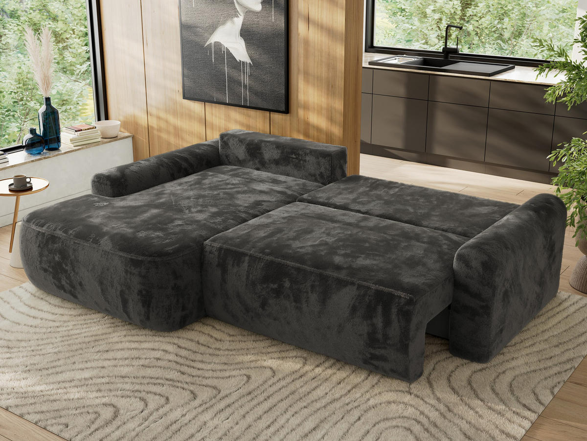 ECKSCHLAFSOFA CUBO L Dunkelgrau Plüsch - links - Dunkelgrau/Schwarz, Kunststoff/Textil (273/187cm) - MKS