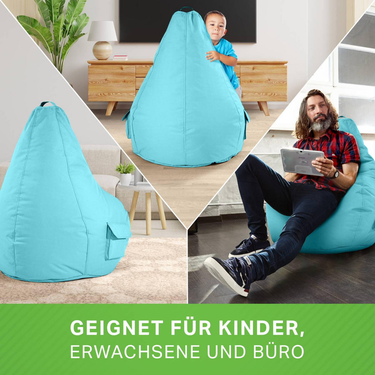 SITZSACK + Hocker "Cozy+Cube" 2er Set - Türkis, Textil (70/90/80cm) - Green Bean