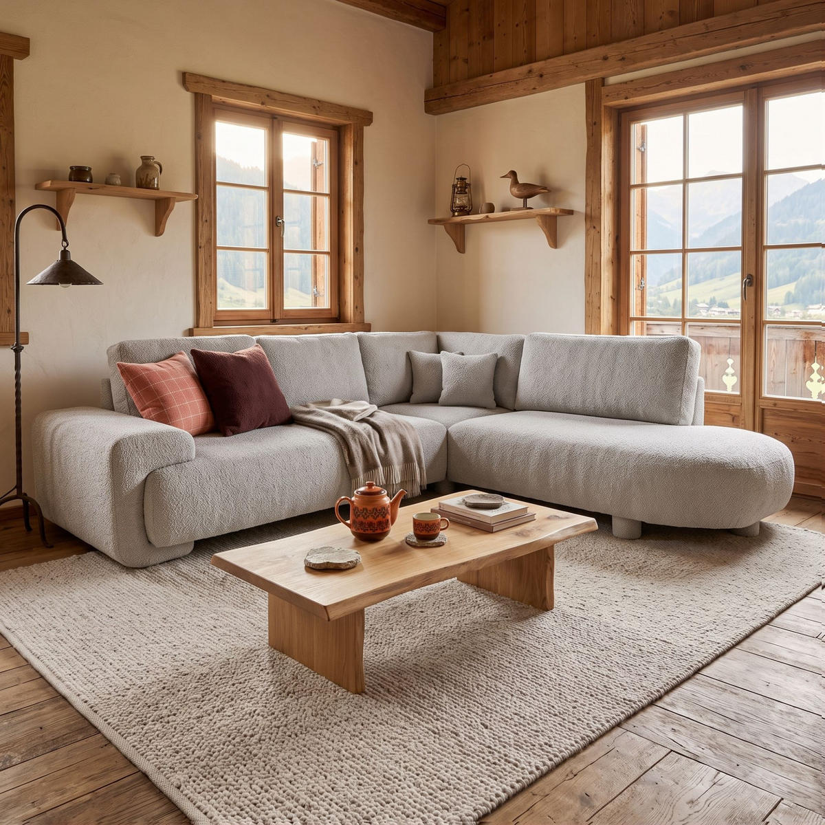 4-SITZER Ecksofa MIRABEL L Rechts 255x285 cm Bouclé Beige - Beige, Holz/Kunststoff (255/285cm) - Muffo