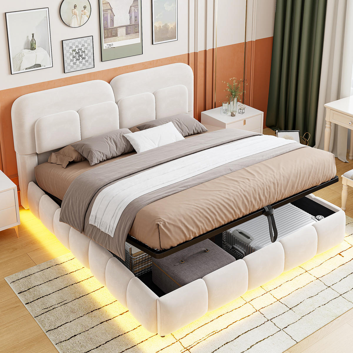 POLSTERBETT 140/200 cm in Beige mit Bettkasten, LED und Samt - Beige, Holzwerkstoff/Textil (140/200cm) - STILVORA