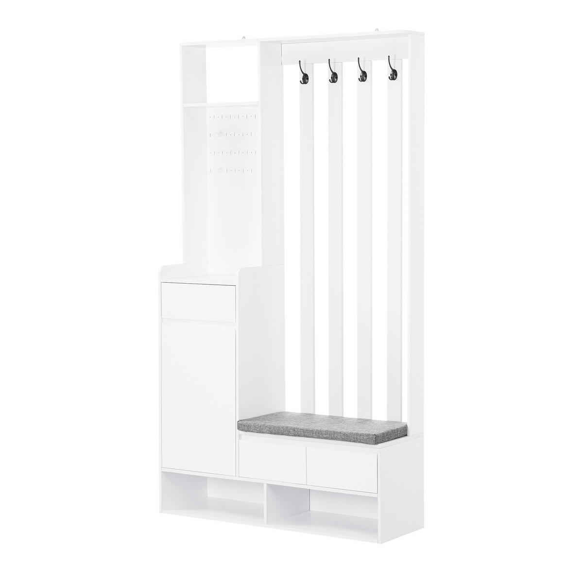 GARDEROBE Weiß Bank 4 Haken Schuhschrank 100x35x180cm - Weiß, Holzwerkstoff (35/180/100cm) - FLIEKS