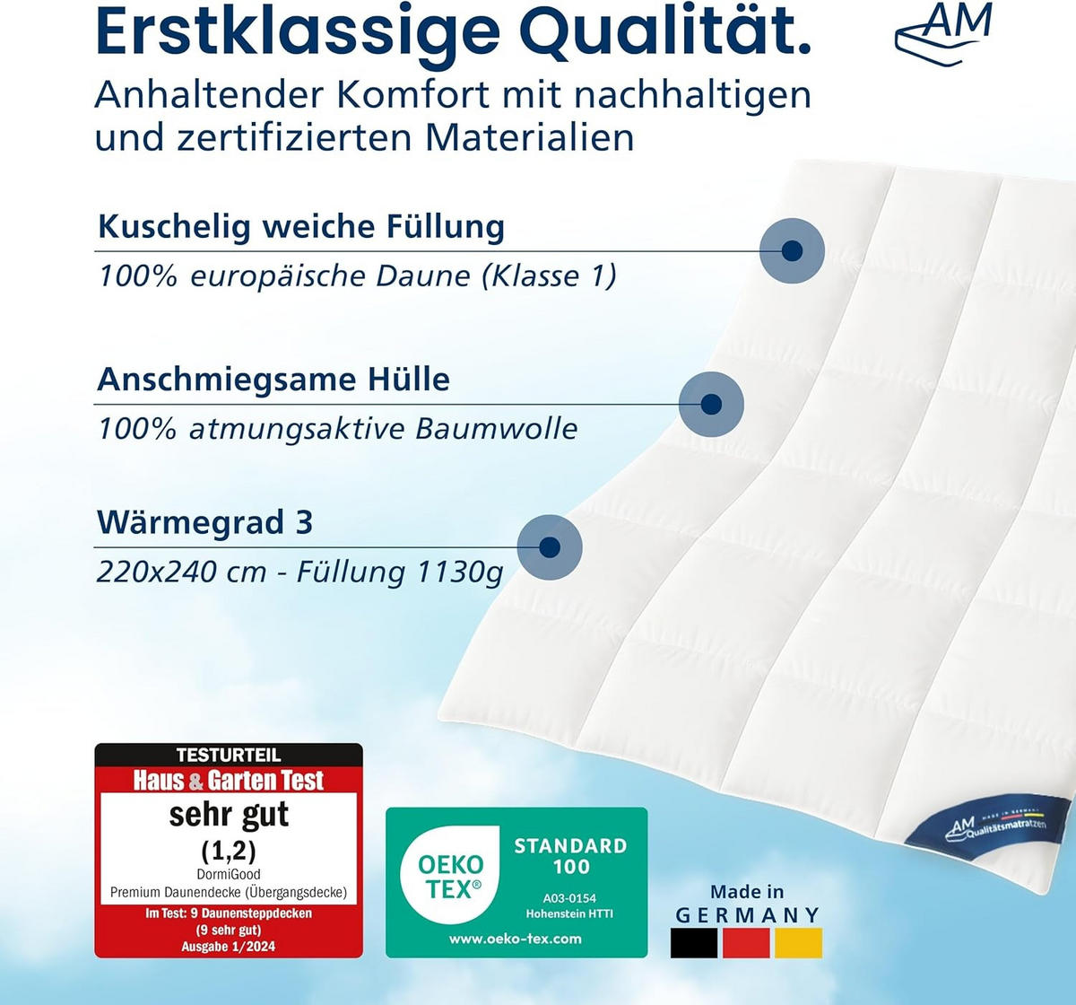 BETTDECKE DAUNEN Ganzjahres Made in Germany aus 100 % Daunen 220x240cm - Weiß, Textil (220/240cm) - AM Qualitätsmatratzen