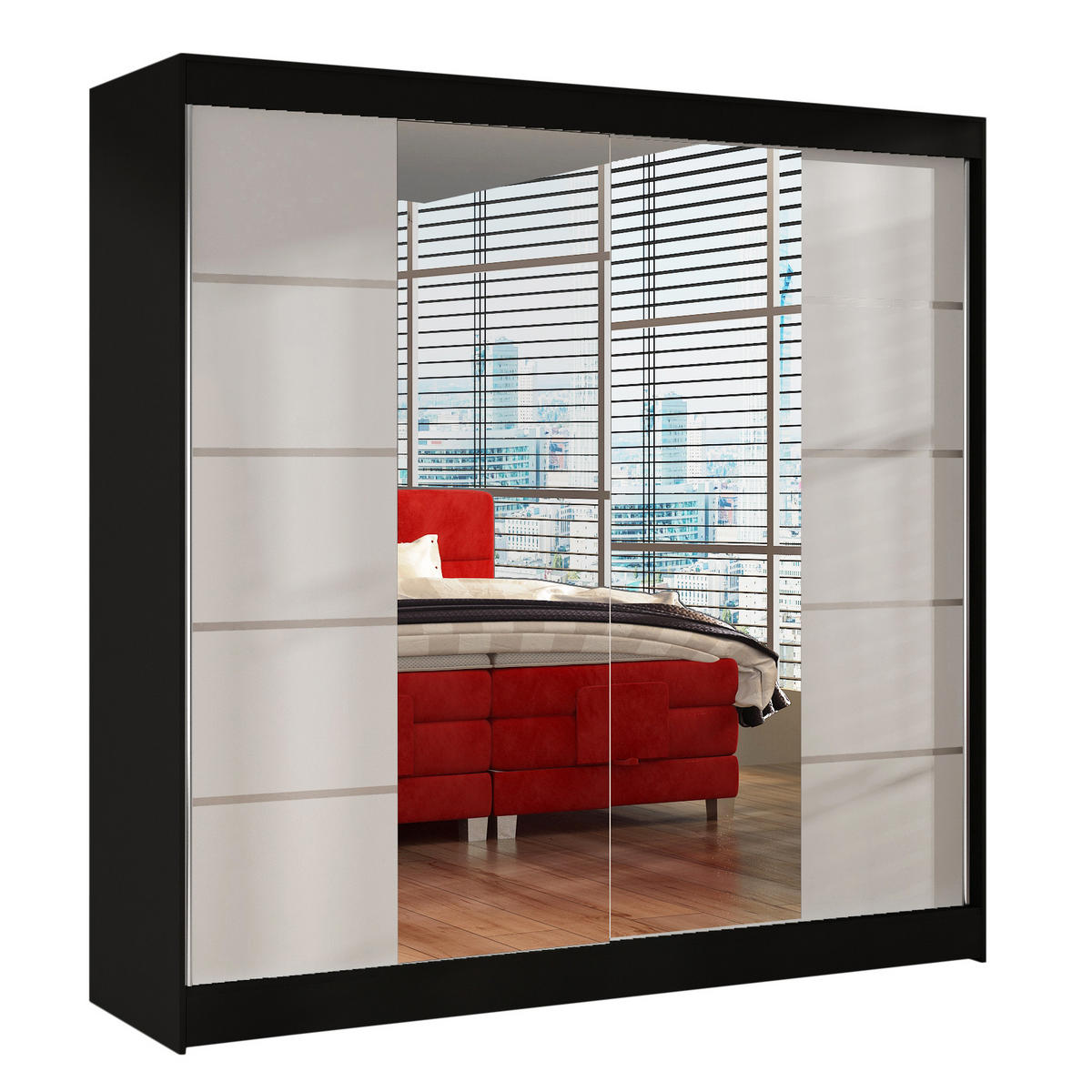 SCHWEBETÜRENSCHRANK Basti V - 200 cm - Schwarz/Weiß, Holzwerkstoff/Metall (200/215/58cm) - Sofnet