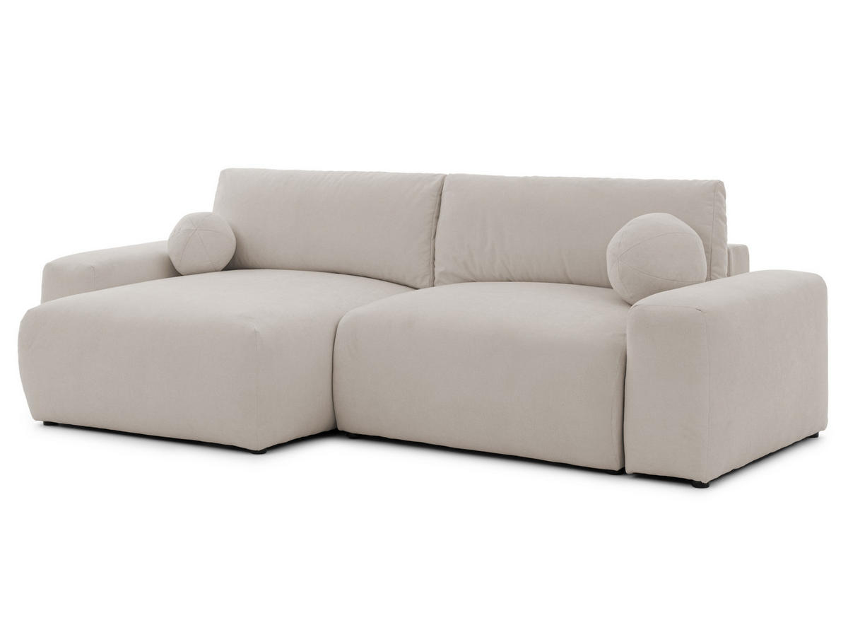 ECKSOFA Puffy mit Schlaffunktion und Bettkasten - besonders weich und puffig aus Beige Webstoff - Ottomane links - Beige/Schwarz, Holz/Kunststoff (138/266cm) - S-Style Möbel