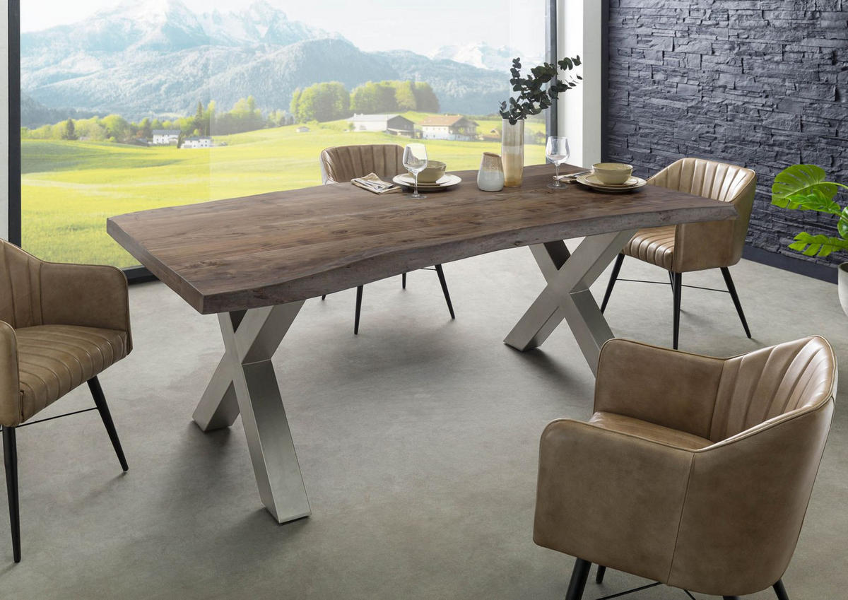 BAUMTISCH Akazie 220x100x77 grau lackiert / X-Beine silber matt FREEFORM 5 - Silberfarben/Grau, Holz (220/100/77cm) - Massivmoebel24