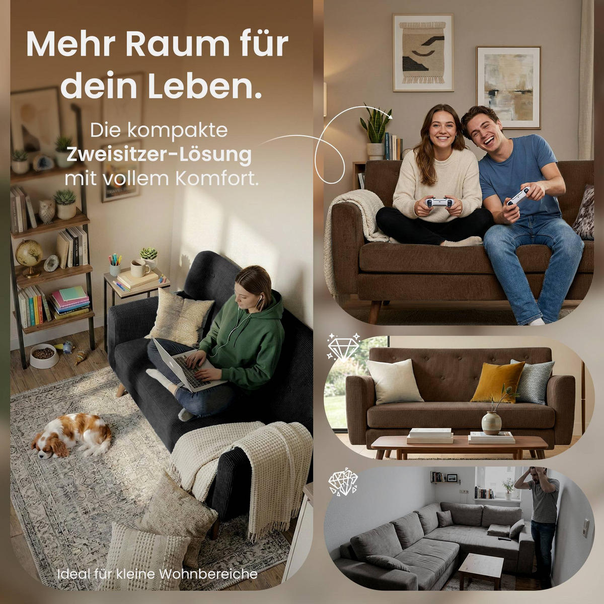SOFA 120/74 cm Cord Dunkelbraun - Dunkelbraun/Braun, Holz/Textil (120/81/74cm) - CLP