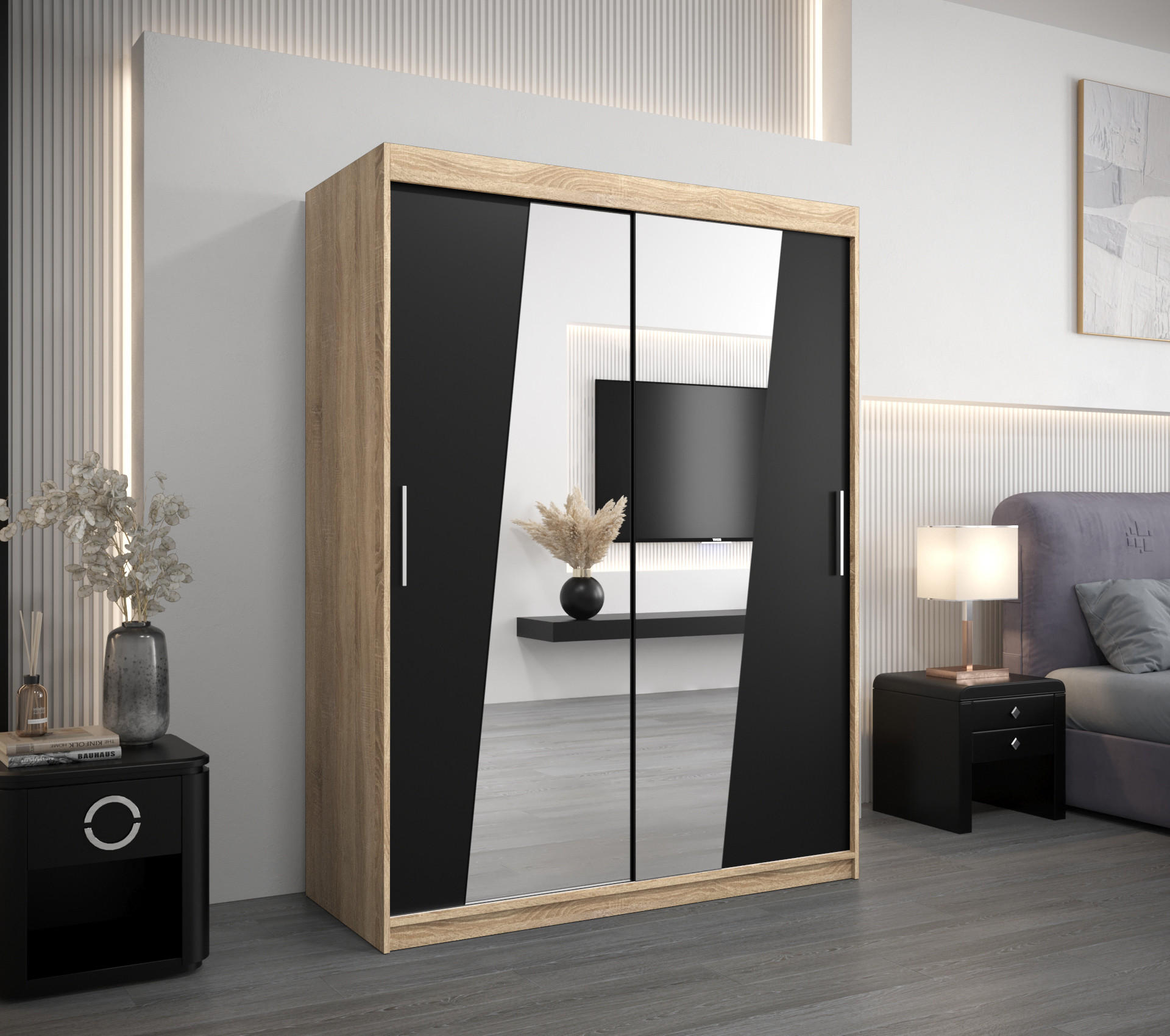 SCHWEBETÜRENSCHRANK 200/150/62 2-türig - Silberfarben/Schwarz, Holz/Kunststoff (150/200/62cm) - Abiks Möbel