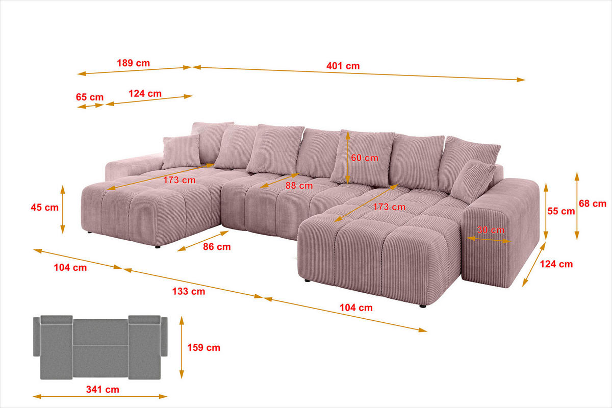 WOHNLANDSCHAFT ENIL-U 401x189x68 Rosa Cord - Rosa, Holzwerkstoff/Kunststoff (401/68/189cm) - ALTDECOR