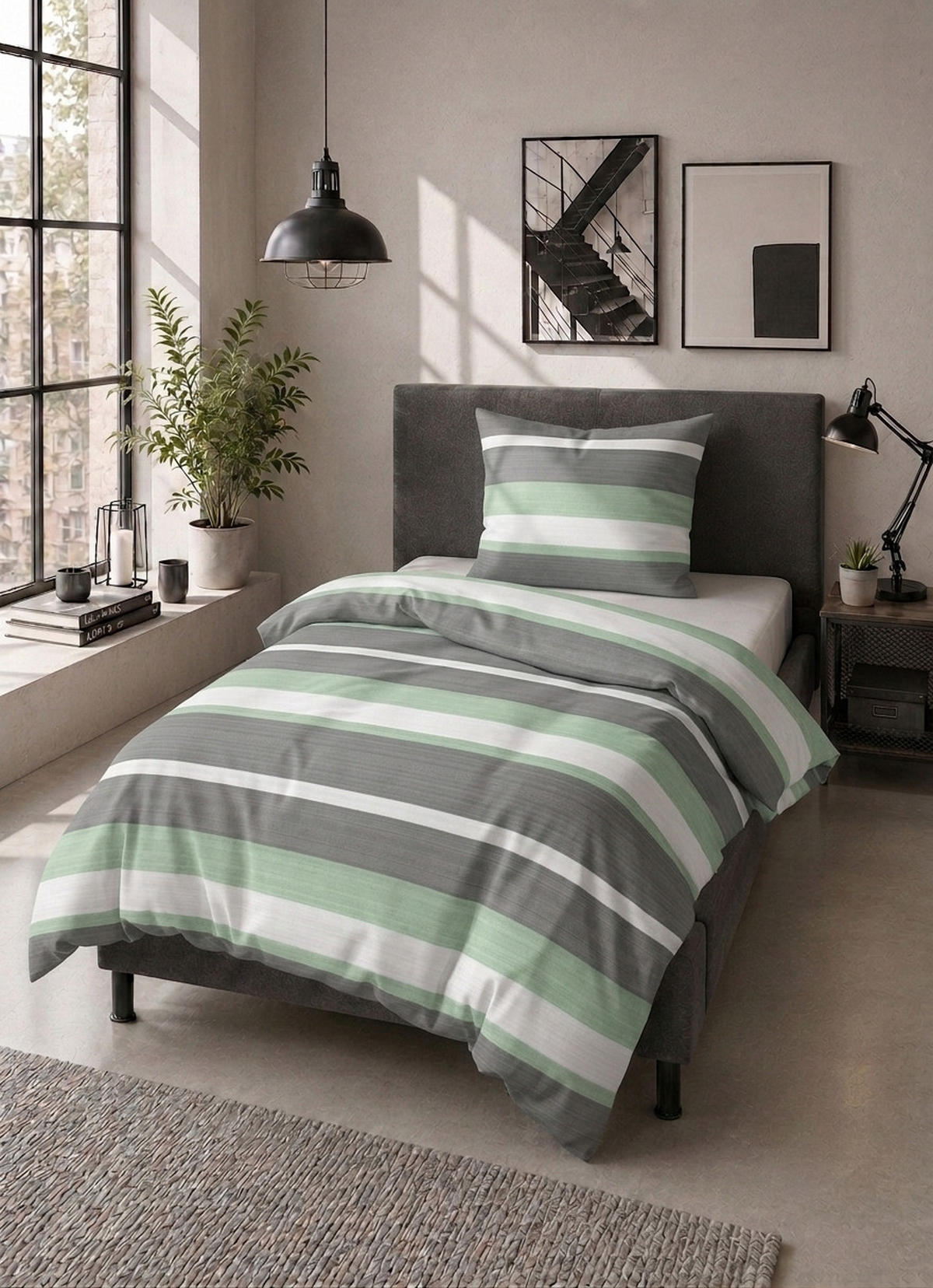 BETTWÄSCHE-GARNITUR Flanell Querstreifen fichte, 135x200 cm + 80x80 cm - Dunkelgrün, Textil (135/200cm) - Castell