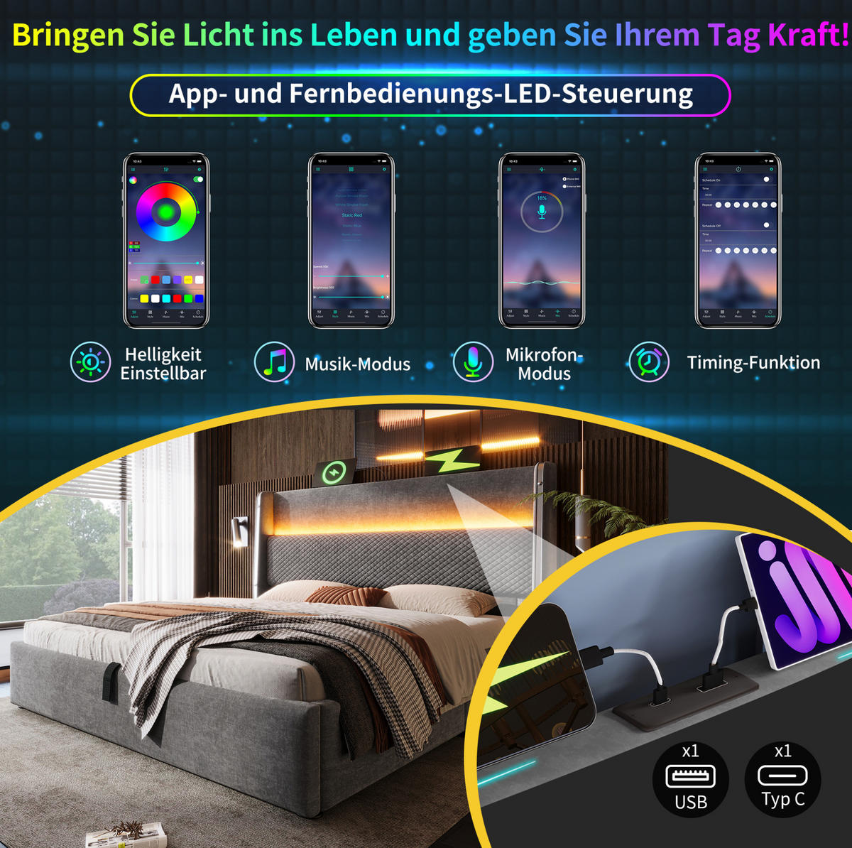 POLSTERBETT 90/200 cm mit LED-Beleuchtung, USB- und Type-C-Anschluss, hydraulischem Stauraum und Matratze, Grau - Grau, Textil (90/200cm) - Redom