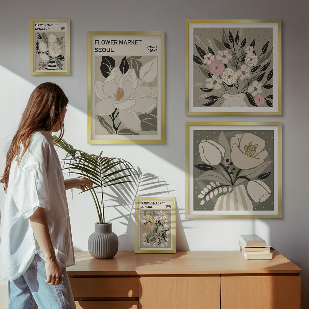 WANDBILDER 5er Set - 50x50 cm & 20x30 cm & 40x60 cm Goldrahmen - Retro-Blumen aus Städten rund um die Welt - Goldfarben, Kunststoff (40/60cm) - ArtPrintCave