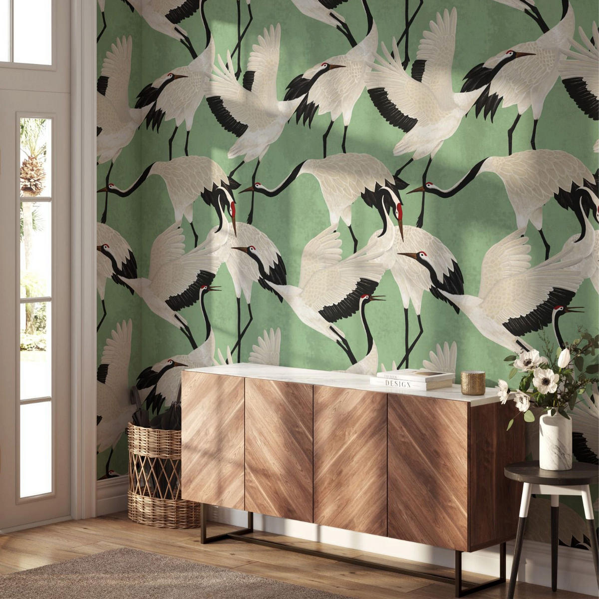 TAPETE Reiher aus echtem Papier, 200x280cm, 8 Bögen - Grün, Papier (200/280cm) - WALLPAPERS4BEGINNERS